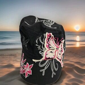 Y2K Cadet Hat Ball Cap Black Embroidered Pink Butterfly Silver Beaded Bling
